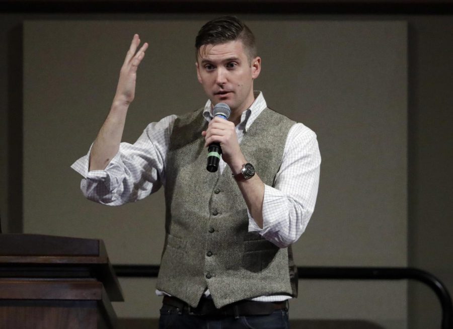  In this Dec. 6, 2016 file photo, Richard Spencer speaks at the Texas A&amp;M University campus in College Station, Texas. Twitter has restored Spencer's personal account less than a month after the social media company suspended it along with other accounts belonging to prominent members of the so-called "alt-right" movement. The company told Spencer that it suspended five of his accounts on Nov. 15 for violating a rule against creating multiple accounts with overlapping uses. (AP Photo/David J. Phillip)