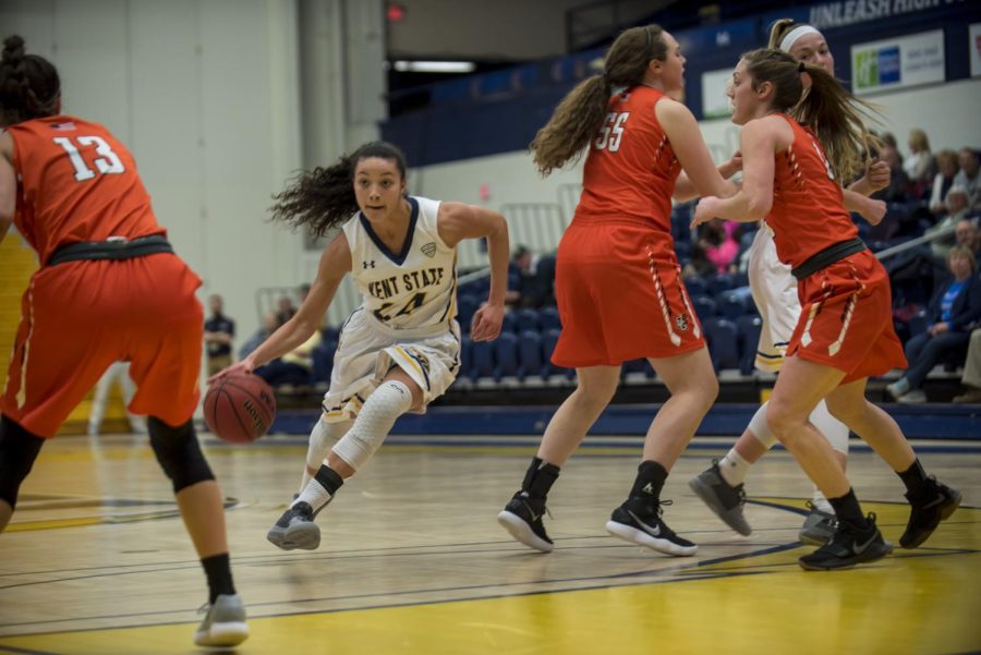 Junior guard Alexa Golden drives through the Bowling Green defense during Kent State's 81-57 victory Wednesday, Jan. 31, 2018. [FILE]