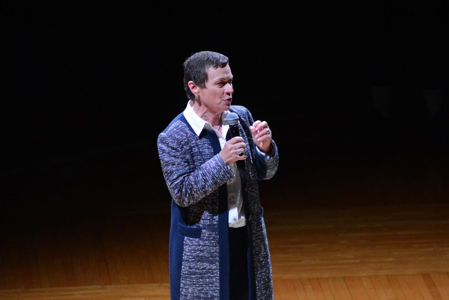 Kent State University President Beverly Warren talks to the crowd attending the first home basketball game of the spring semester Saturday, Jan. 21, 2017.