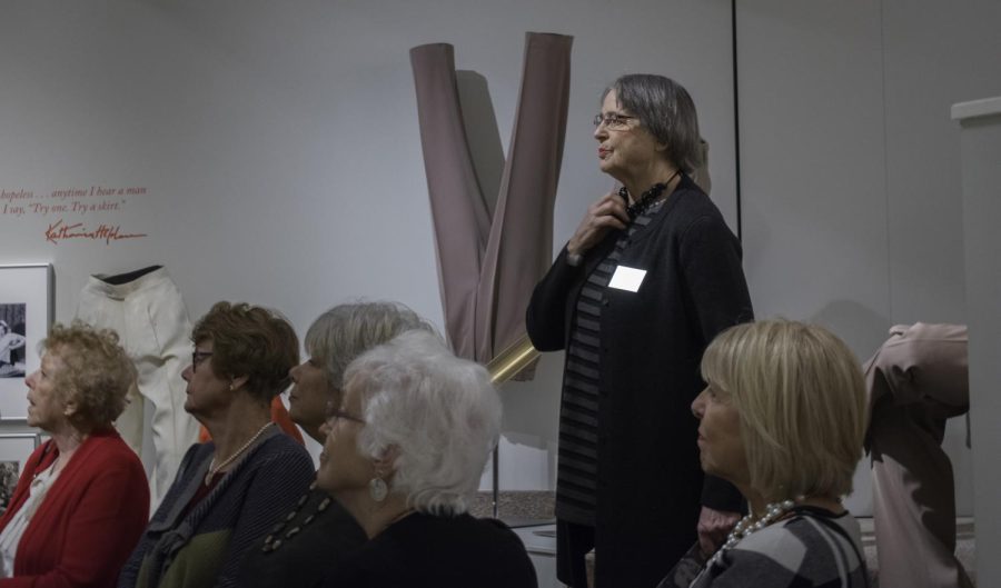 Jean L. Druesedow, Director of the Kent State University Museum, gives a tour of the Katharine Hepburn exhibit in Rockwell Hall.