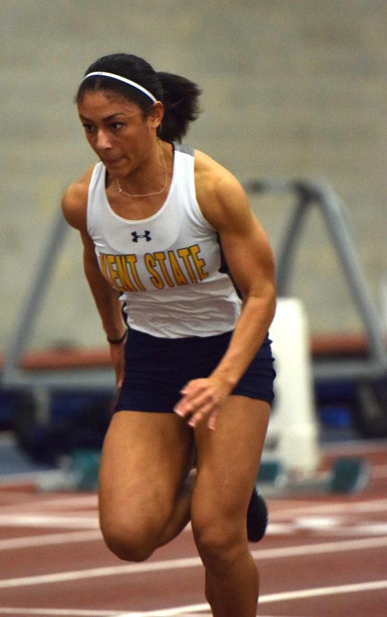 A Kent State runner races in the women’s 60-meter run during the Kent State qualifier at the Field House on Saturday, Feb. 10, 2018.