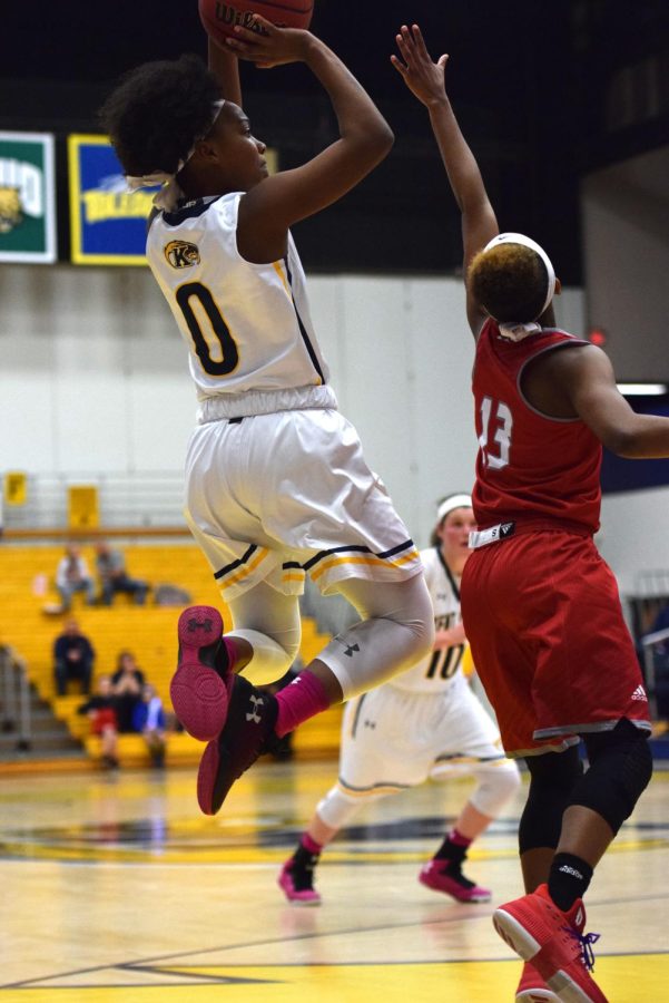 Kent State freshman guard Erin Thames takes a shot against the Miami (OH) defense Saturday Feb. 17, 2018. Thames scored four points in the Flashes' 65-59 loss.