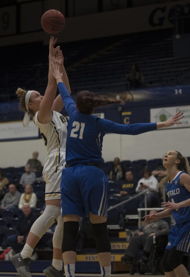 Kent State's Jordan Korinek goes up for a shot in the final home game of her career on Feb. 28, 2018. The Flashes lost, 81-51.