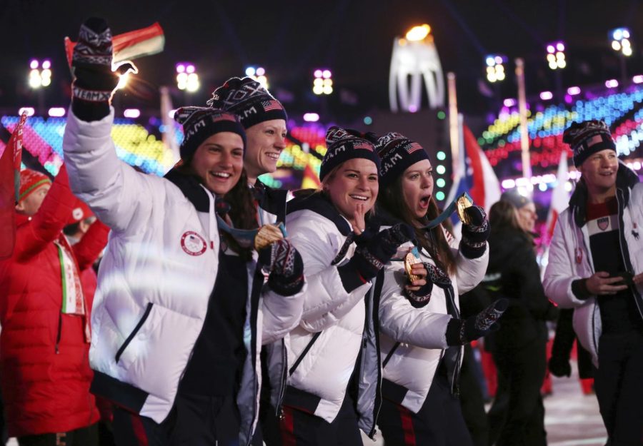 United States athletes walk in the stadium during the closing ceremony of the 2018 Winter Olympics in Pyeongchang, South Korea, Sunday, Feb. 25, 2018. 