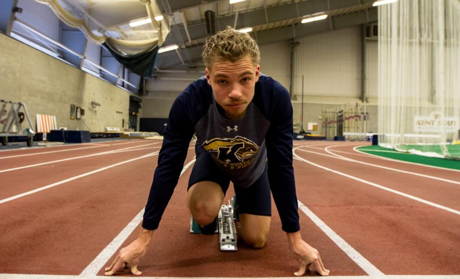 Kent State sprinter Riak Reese poses for a photo in the Field House on March 3, 2018.