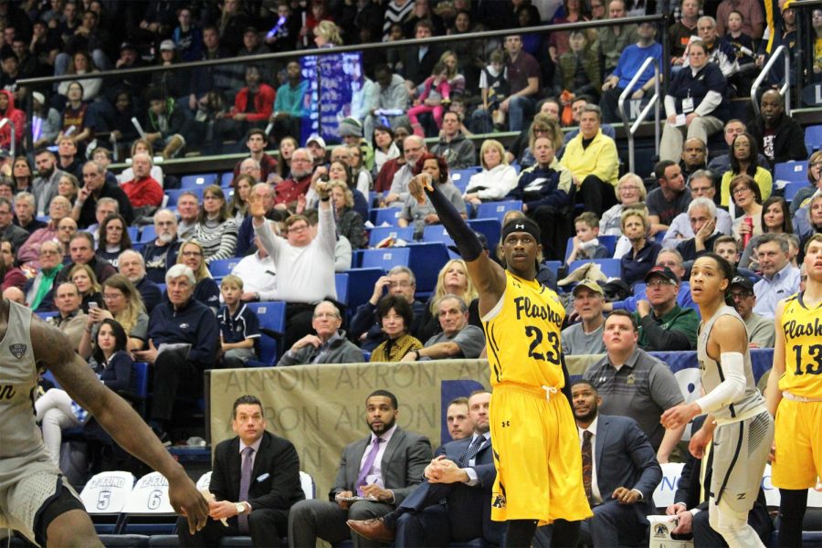 Jaylin Walker poses after making a three-pointer during Kent State's 67-65 loss at Akron's James A. Rhodes Arena on March 2, 2018. 