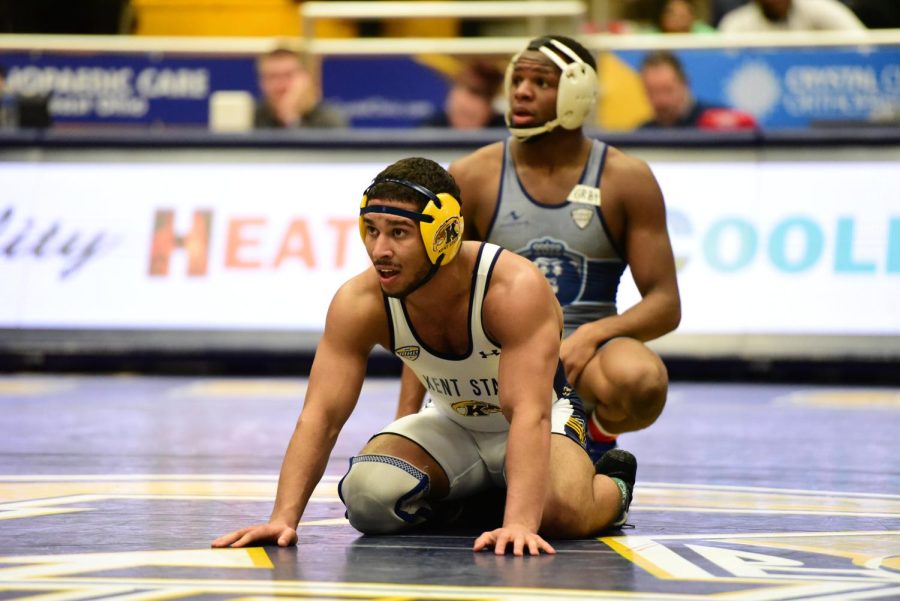 Casey Sparkman prepares to grapple with an opponent. Sparkman is one of four Kent State wrestlers competing in the NCAA Championships. 