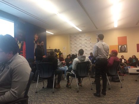 Students circle around during small group sessions to talk about the treatment of women. This is the first time M.E.N. has included women. 