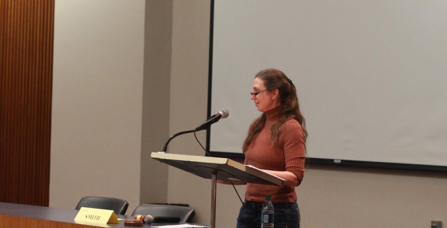 Faculty Senate Chair Deb Smith opens the meeting Monday, April 9, 2018, and introduces the candidates running to take her place next semester. Member Pamela Grimm won.