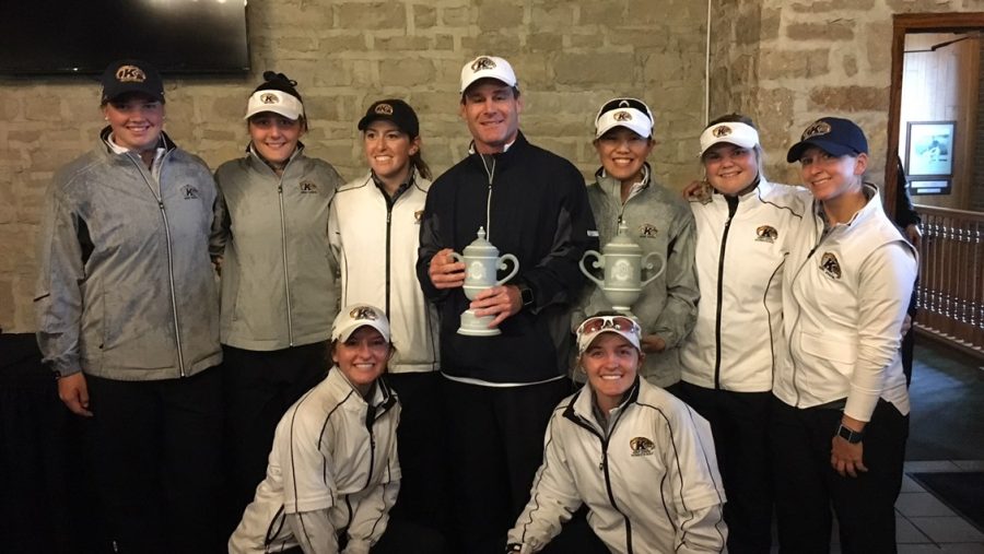 The Kent State women's golf team poses after placing second at the rain-shortened Lady Buckeye Invitational on April 15, 2018. Pimnipa Panthong shared the individual title.  