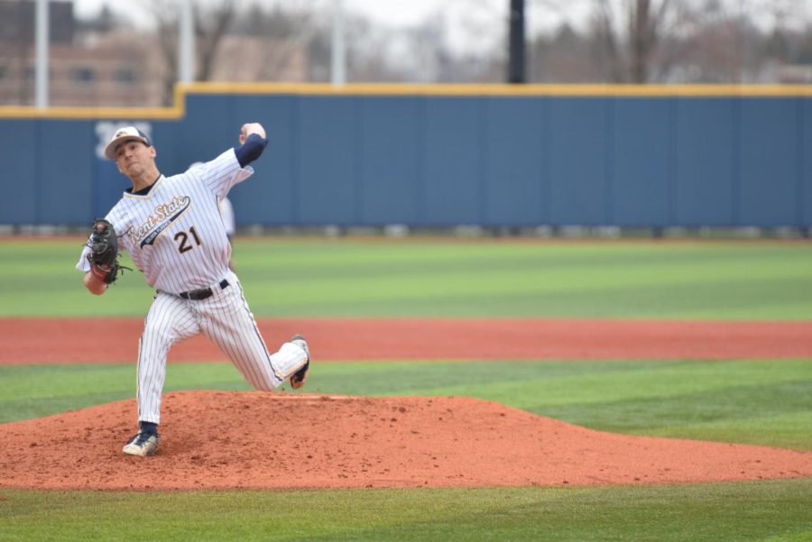 Kent State starting pitcher Jared Skolnicki throws a pitch to a Pittsburgh batter during the Flashes' 2-0 win over Pittsburgh on April 18, 2018. Kent State swept the two-game season series against the Panthers.