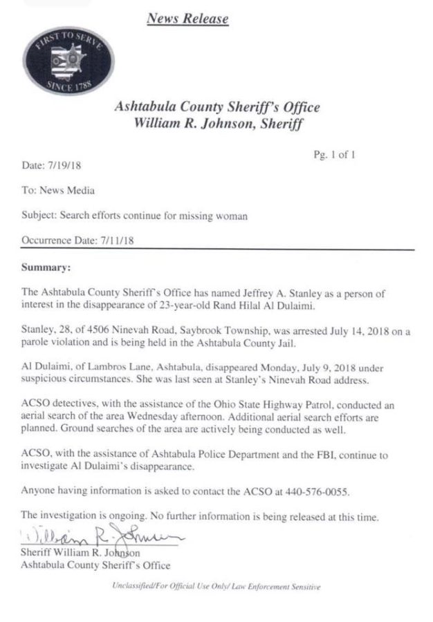 Press release from Ashtabula County Sheriff's Office