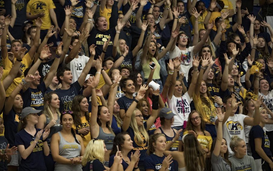 Fans cheer during Kent State's matchup against Youngstown State on Aug. 28, 2018. The Flashes won 3-1.