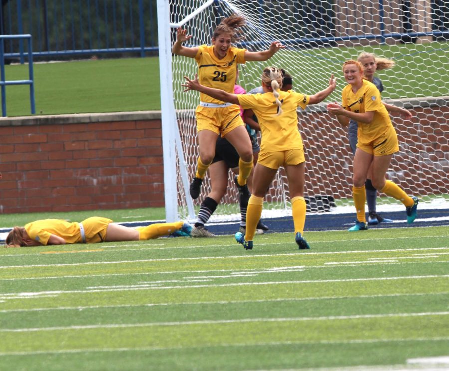 Kent State senior midfielder Cassandra Sauter celebrates her first-half goal against St. Bonaventure on Aug. 19, 2018. The Flashes won, 2-1. 