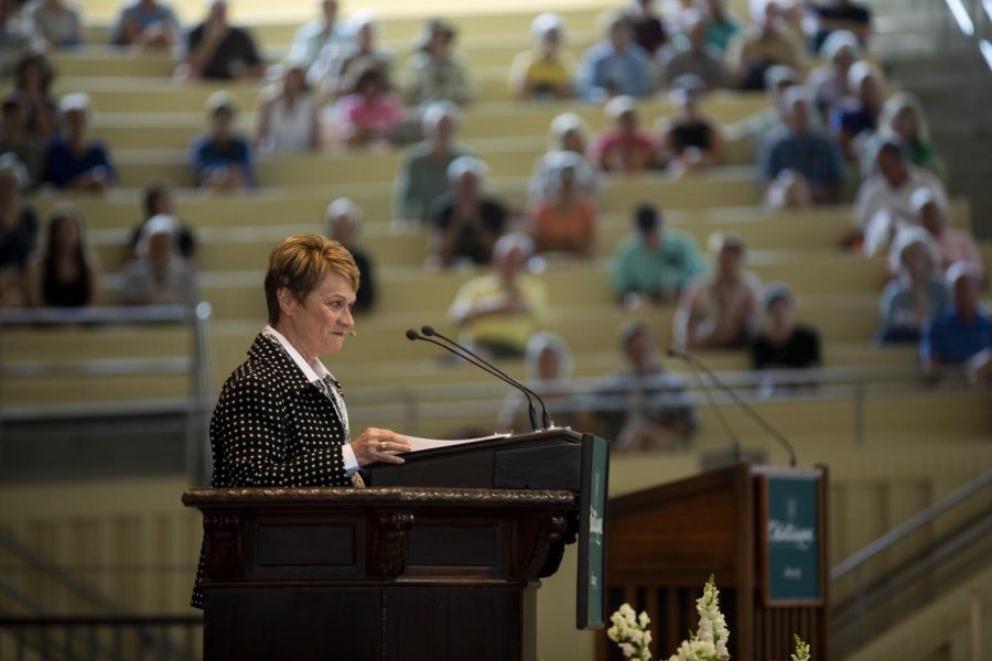 President of Kent State University Beverly J. Warren delivers her lecture "Kent State Beyond the Shootings: Journey of the Wounded Healer" during the Morning Lecture, Wednesday, August 15, 2018, in the Amphitheater. 