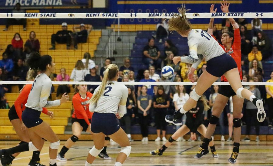 Outside Hitter, Kelsey Bittinger, Senior, spikes the ball against Bowling Green State University on Friday, Sept. 29, 2017. The Flashes lost the match 3-1.