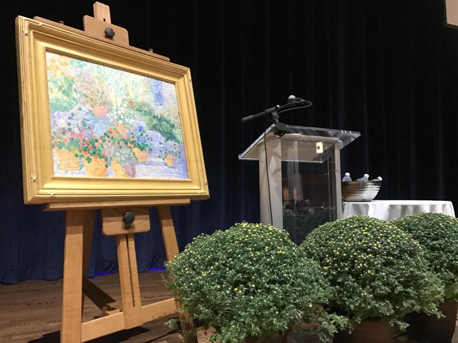 The painting "Blossoming Garden," by the late School of Art alumna Jance Lentz-Hatch, was on display before its auction at the Blossoming Gala on Saturday, Sept. 22, 2018. 