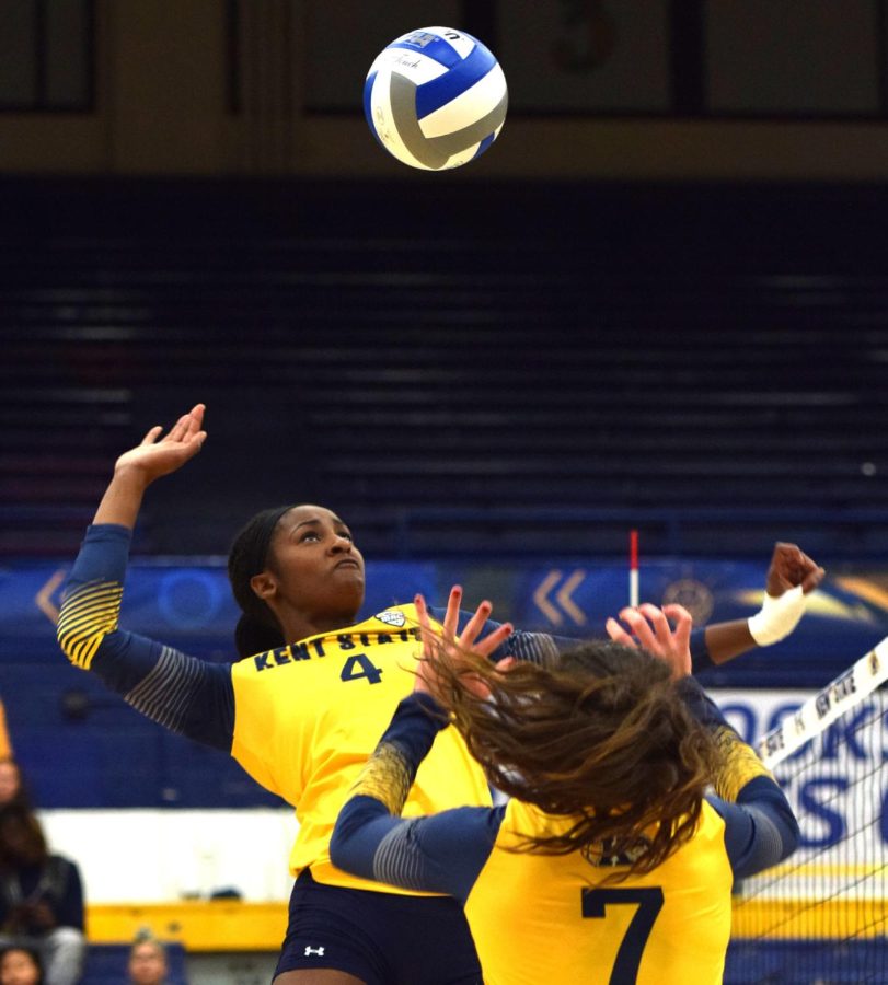 Senior Myla King spikes off a set from freshman setter junior Natalie Talaga on Thursday Oct. 5, 2017. 