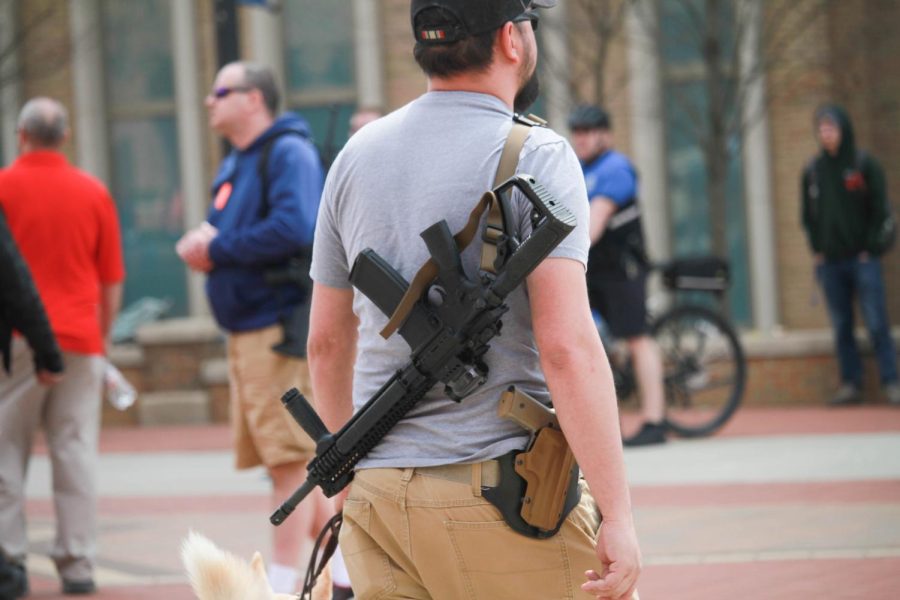 Aaron Spalding traveled from Louisville, Kentucky, to stand with others in support of gun rights and the Second Amendment on Friday, April 27, 2018.