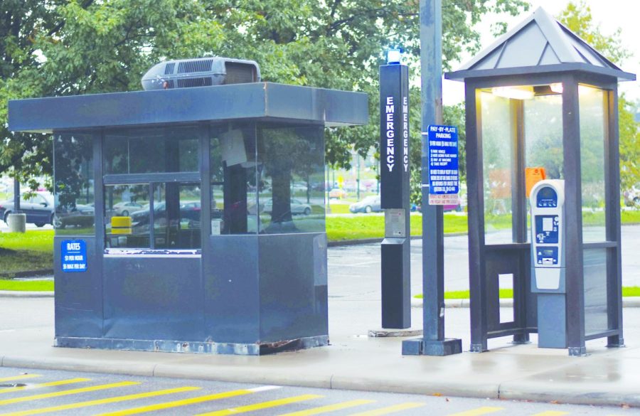 The pay-by-plate station of the C lot across from the student center stands empty on Oct. 5, 2018.