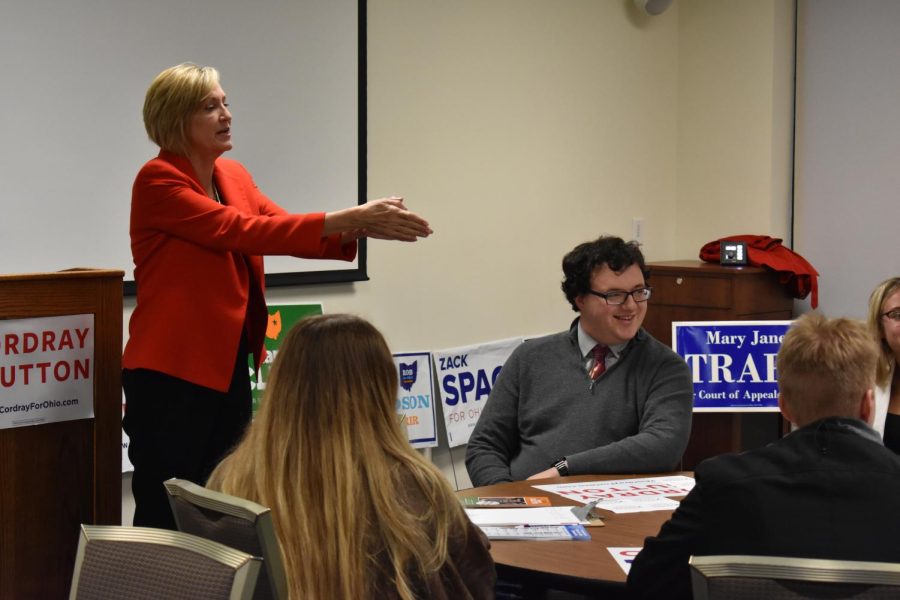 Democratic Candidate for Lieutenant Governor Betty Sutton speaks at a meet and greet in the Student Center hosted by the College Democrats on Oct. 31, 2018.