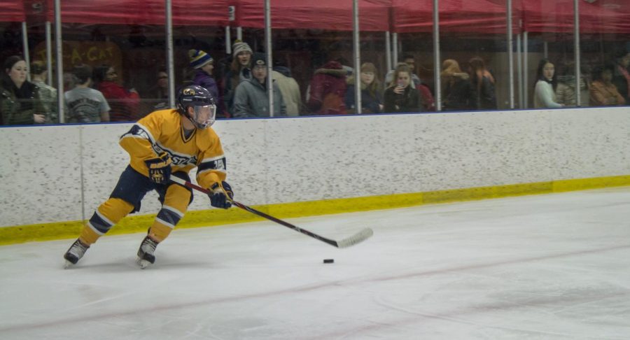 Kent State freshman forward Lucas Ethington carries the puck forward against John Carroll on Jan. 19, 2018. The Flashes won the game, 9-2. 