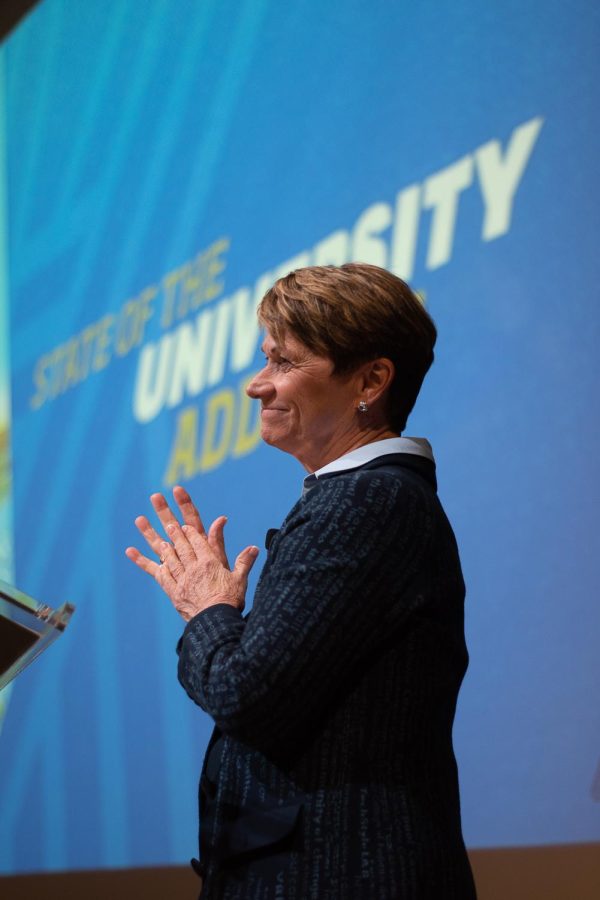 President Beverly Warren receives a standing ovation following her State of the University Address on November 7, 2018. Warren quotes her favorite Broadway Musical regarding her sentiment about her presidency at Kent State University for the last four years, "Who can say if I've been changed for the better, but because I knew you, I have been changed for good."