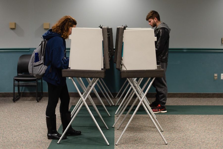 Kent State Students line up at the polls on November 6, 2018 for the midterm elections at the Kent State Wellness Center.