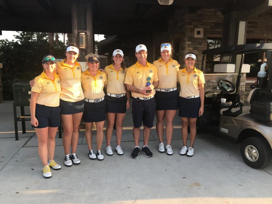 Members of the Kent State women's golf team pose after starting their spring season with a victory at the Mid-American Conference Match Play Tuesday, Feb. 6, 2018, at Lakewood Ranch Golf and Country Club in Lakewood Ranch, Florida.