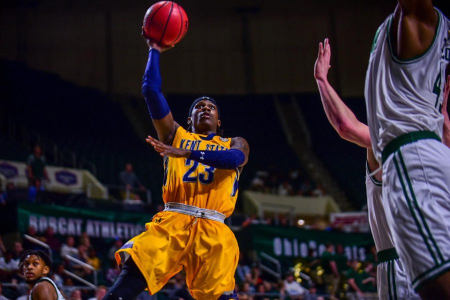 Kent State guard Jaylin Walker drives to the hoop during the Flashes' 88-76 loss to Ohio at the Convocation Center Feb. 20, 2018. 