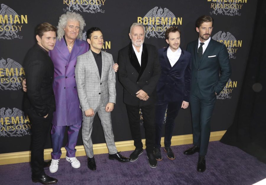 Cast members of Academy Award-nominated film "Bohemian Rhapsody" Allen Leech, Brian May, Rami Malek, Roger Taylor, Joseph Mazzello and Gwilym Lee at the film's premiere in New York City on Oct. 30, 2018. 