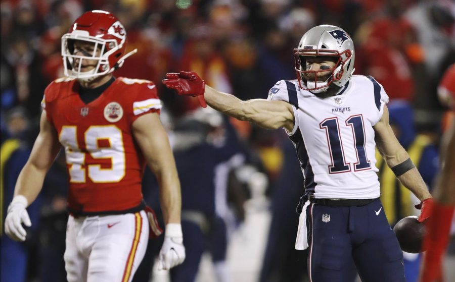 New England Patriots wide receiver and former Kent State quarterback Julian Edelman (11) reacts after making a catch for a first down during the first half of the AFC Championship NFL football game against the Kansas City Chiefs Sunday in Kansas City, Missouri. 