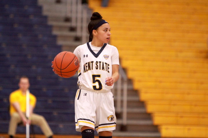 Freshman guard Mariah Modkins brings the ball up during the second half of Kent State's matchup against NIU on Wednesday, Jan. 9, 2018. Kent State won, 87-76. 