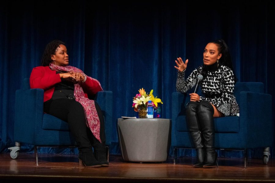 Amoaba Gooden (left), the chair of the Department of Pan-African Studies, and keynote speaker Angela Rye answer audience questions during the Q&amp;A portion of the Martin Luther King Jr. Celebration on Wednesday, Jan. 23, 2019.