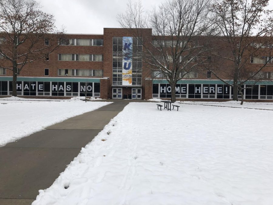 "Hate Has No Home Here" painted by residents on the windows of Allyn and Clark Halls in early January. 