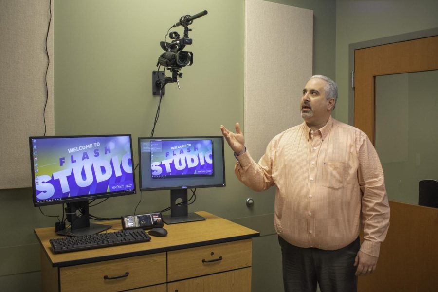 Interim Assistant Dean for Systems Mike Collura explaining how the new Flash Studio is operated on Jan. 29, 2018.