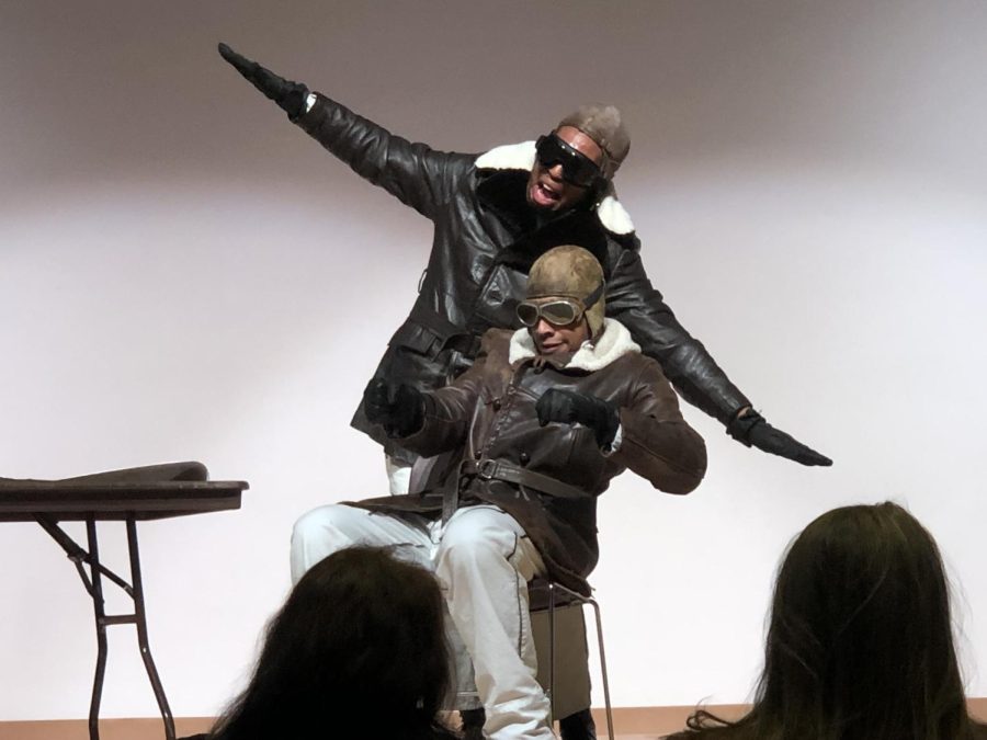 Broadway actors Jeantique Oriol (front) and Drew Drake perform as James Herman Banning and Thomas Allen Cox, the first African-Americans to fly across the county, in the KIVA on Wednesday, Feb. 20, 2019.