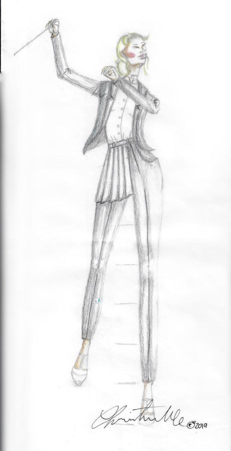 A sketch of the female conductor's jacket designed by Christelle Tucker.