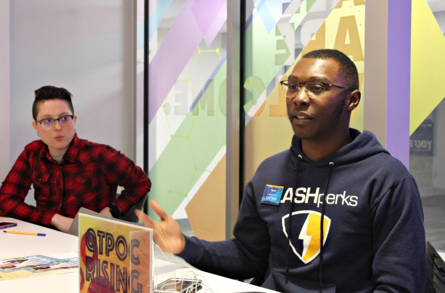 Katie Mattise (left), the assistant manager of the LGBTQ Student Center, and Patrick Ferguson, the vice president of BUS, share their perspectives on people of color in the LGBTQ community on Wednesday. 