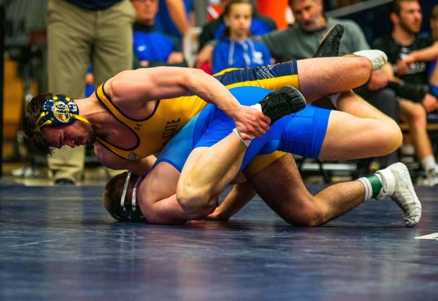 Andrew McNally wrestles against Buffalo's Logan Rill on Jan. 26. McNally defeated Rill, earning his 26th victory of the year. 