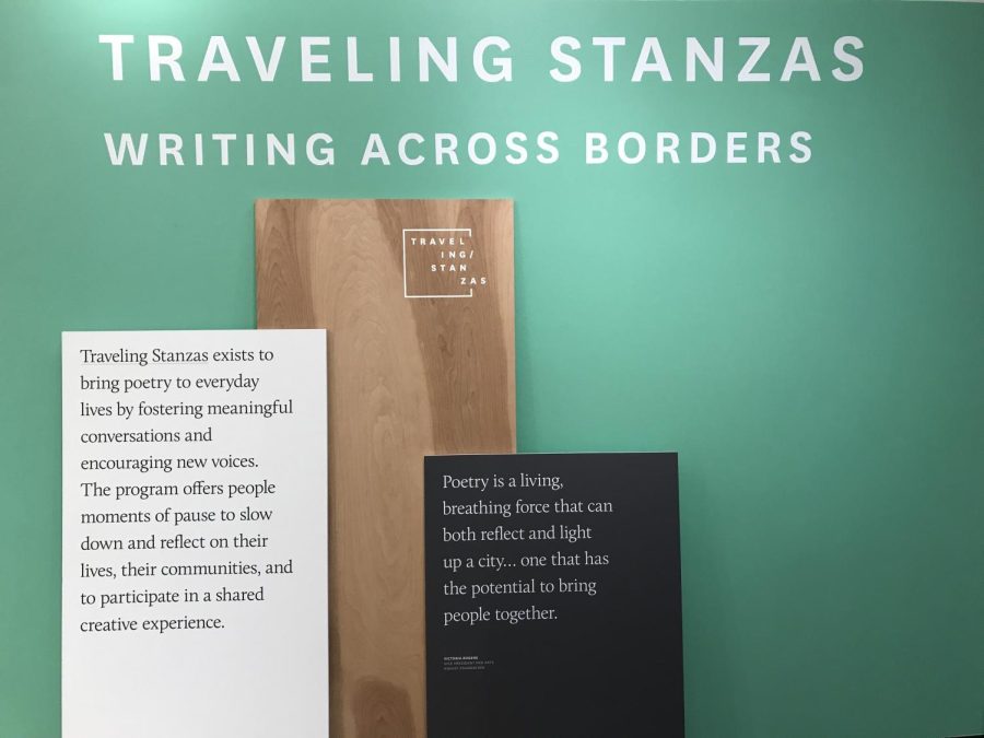 Description of “Traveling Stanzas: Writing Across Borders" at the exhibit's entrance at Taylor Hall.