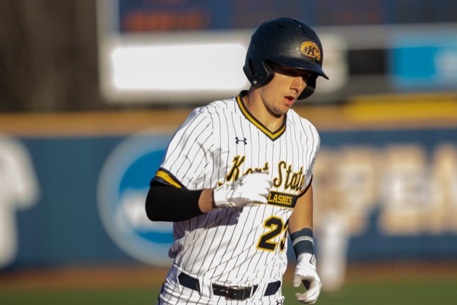 Kent outfielder Nick Elsen rounds third after hitting a two run homer out of left field. Kent beat Youngstown State 10-5 on Tuesday. 