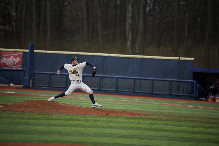 Kent State Zach Schultz (#36) Pitching in Friday's Game against Northwestern University. Kent State won 11-5. March 15, 2019.