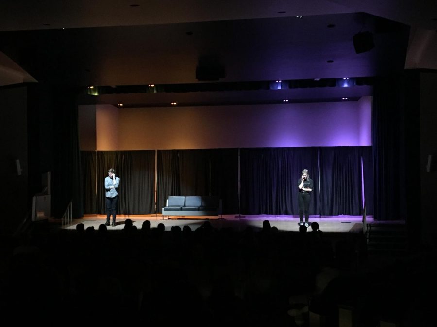 Lennon Sackela and D'Ella Heschmeyer perform on stage in the Kiva on March 21, 2018. Photo courtesy of Sarah Jane Demetruk.