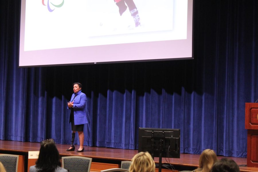 Bonnie St. John, keynote speaker at the Spirit of Women in Business Conference, speaks to the audience Thursday, March 7.