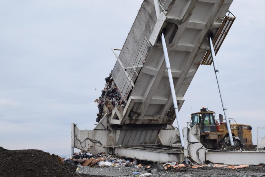 Trash is dumped into the Countywide Recycling and Disposal Facility in East Sparta on April 5, 2019.