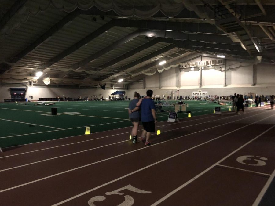 A pair of attendees participate in the Silent Walk portion of Kent State's Relay for Life Saturday, April 27.