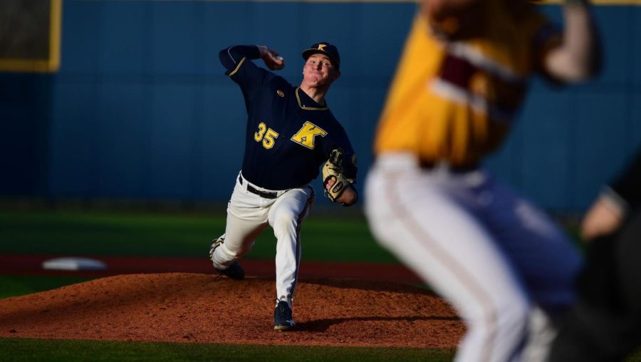 Luke Albright pitches against Central Michigan on April 13. 