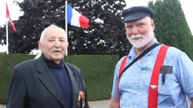 Berrong (right) poses with Georges Ollitraut, a resistance fighter who was part of his first film.