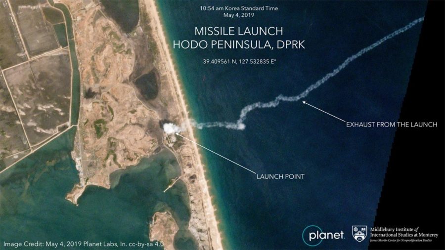 A new satellite image obtained by CNN shows the smoke trail of a Friday rocket launch by North Korea that is likely a short-range missile, according to the group that analyzed the picture. Full credit: Planet Labs Inc. and the Middlebury Institute of International Studies at Monterey